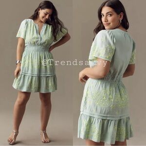Anthropologie Somerset Mint Embroidered Linen Mini Dress XXS Cottagecore Boho
